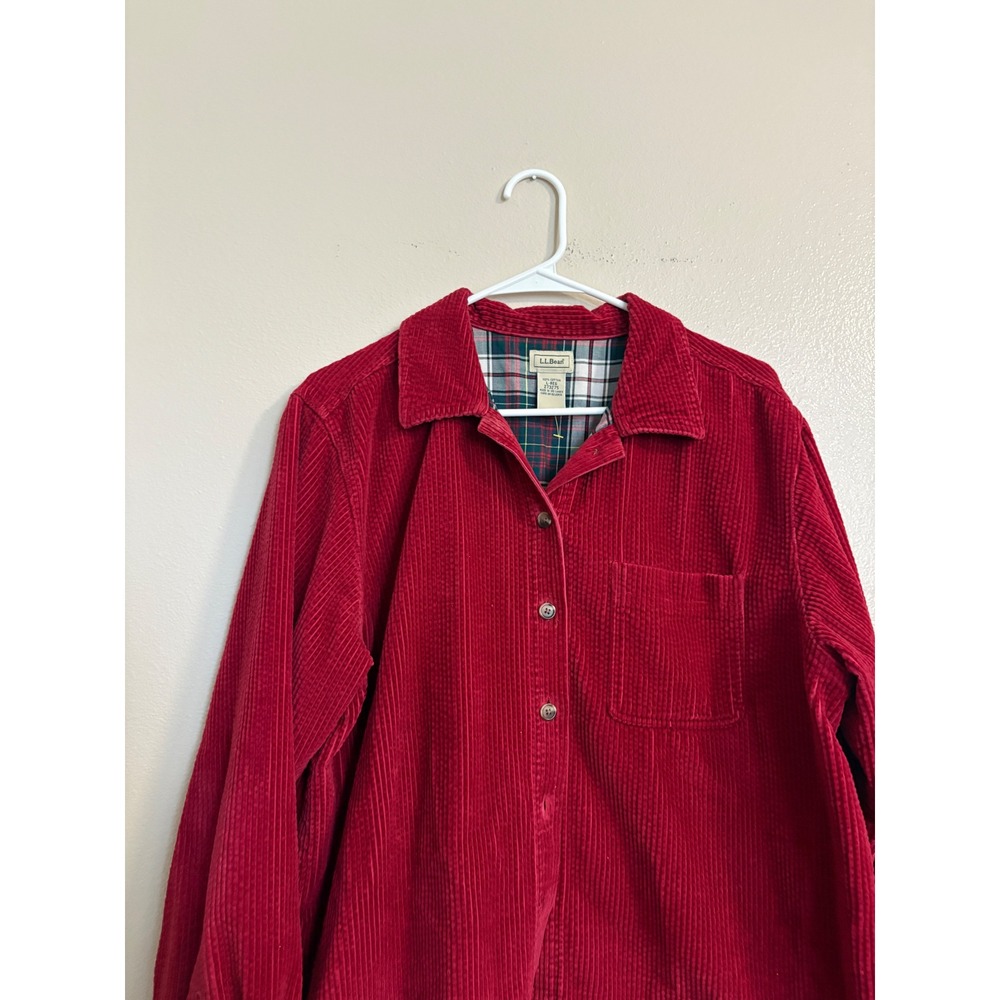 LL Bean Women's Red Corduroy Flannel Lined Shirt Jacket L- Reg 100% Cotton